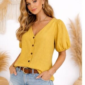 Ott Womens Mustard Yellow Button Front Puff Sleeve Blouse Large NEW